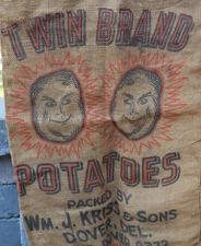 Vintage "Potato Heads" Potato Sack 100 Lb Burlap Bag Twin Brand  36"L X 21"W