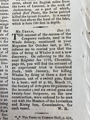 WHALE HUNTING  ROCKET HARPOON IDEAS  GREENLAND ETC  1821   ABSTRACT SINGLE  PAGE