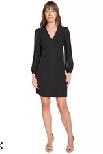 Tommy Hilfiger Women's Black Embellished Chiffon Sleeve Shift Dress Petite Sz 2P