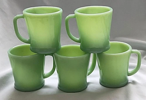 5 Vintage FIRE KING Jadeite D Handle Oven Ware Coffee Cups, MUGS  8 oz Green