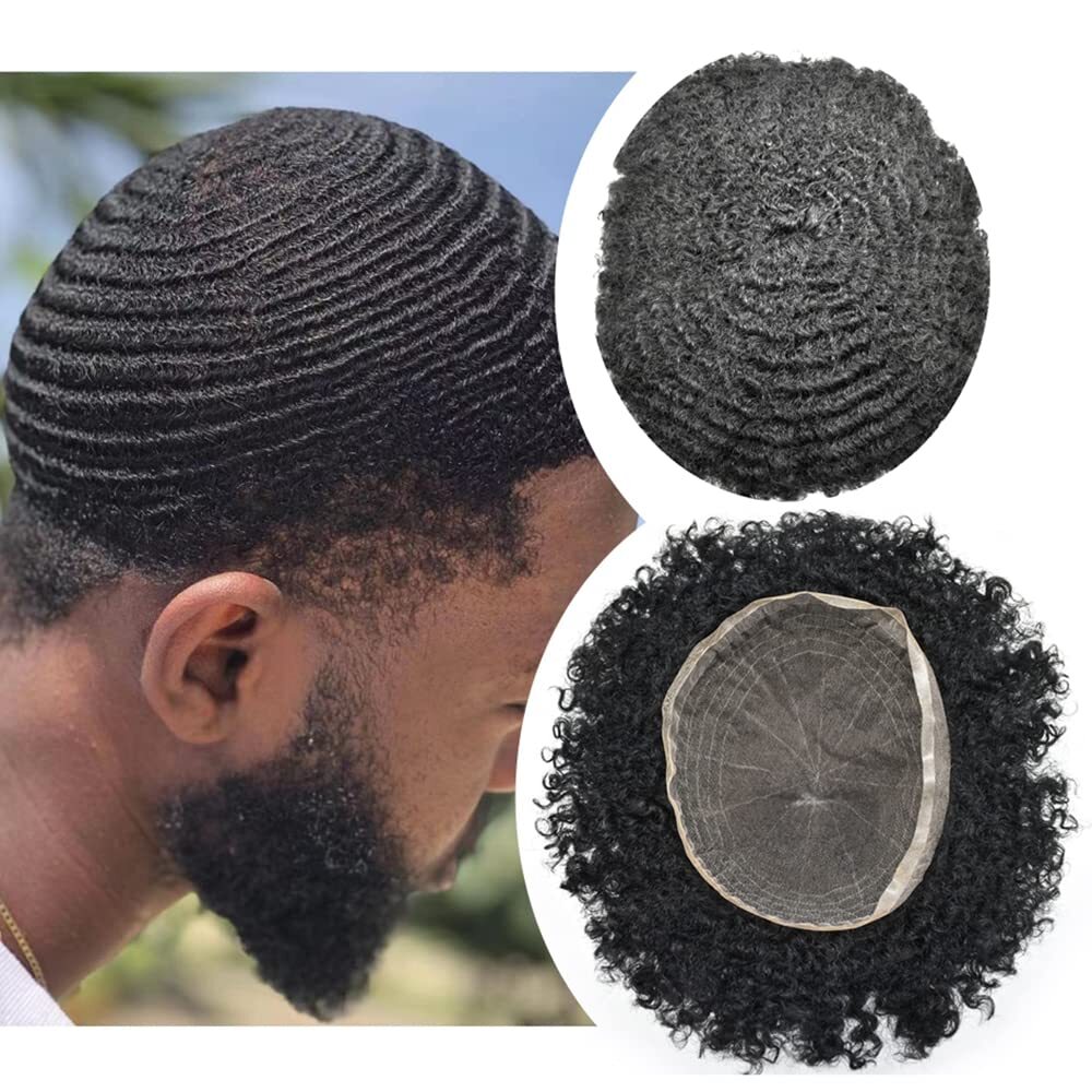 Afro Toupee For Black Men All Transparent Lace Curly 100%Human hair Weave  system