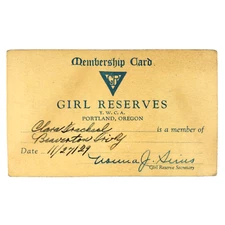 YWCA Girl Reserves Membership Card 1920s Portland & Beaverton Oregon Youth B3490