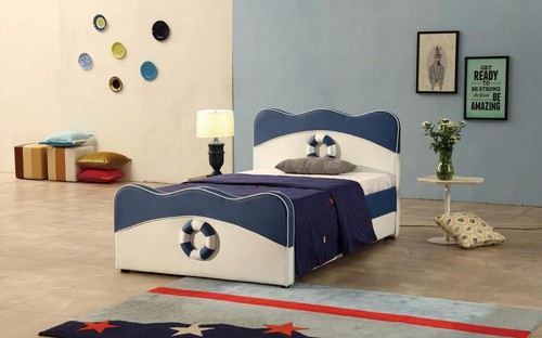 Cama Niños Para Niños Dormitorio Azul Blanco Área Madera Real Diseño Moderno