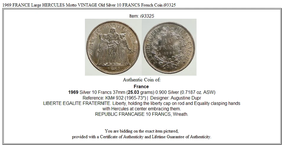 1969 FRANCE Large HERCULES Motto VINTAGE Old Silver 10 FRANCS French Coin i93325 - Image 3 of 3