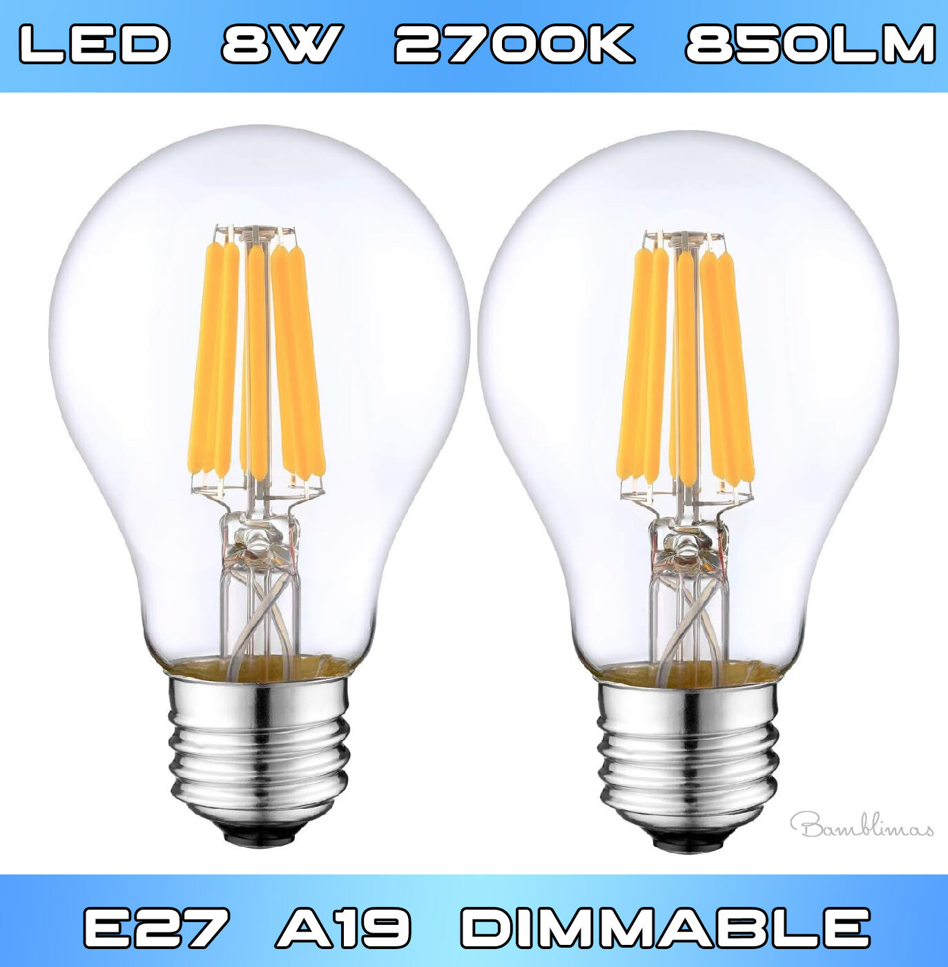 2 Pack, LED Filament Vintage Screw E27 Edison Bulb 8W 2700K 800lm A19 Dimmable