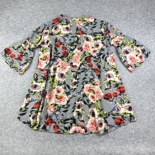 Umgee Plus Dress Womens 1XL Gray Floral Birds Keyhole Ruffle Sleeve Flowy Mini - Picture 5 of 11