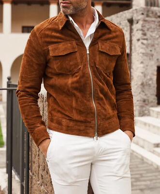 Zip Suede Handmade Genuine Brown Motorcycle Leather  Jacket Biker Lambskin Men's