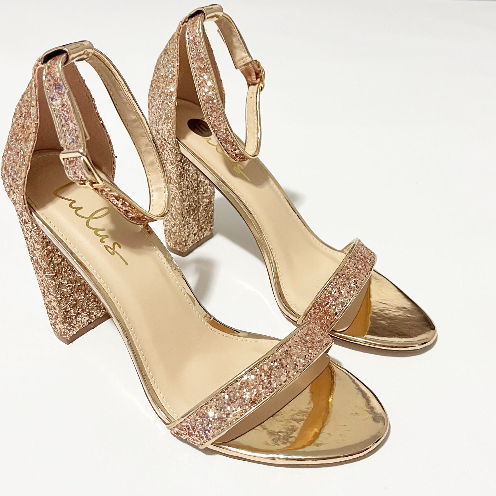 Lulus Perrie Rose Gold Glitter Block Heels Gem