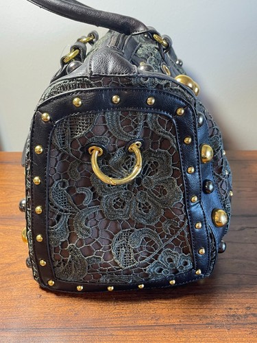 NWT Big Buddha Black Satchel Green Lace Handbag Purse Gold Beads Tassel Vintage - Picture 9 of 20