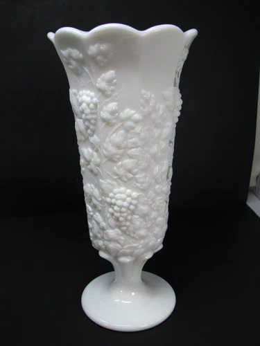 Vintage Westmoreland Milk Glass Paneled Grape Vine Fluted Footed 11 1/4" Vase