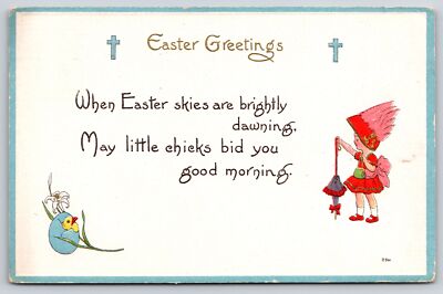 Easter Greetings~Girl W/ Umbrella & Chick Hatching From Egg~PM 1915~Postcard