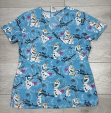 Medical Scrub Disney Frozen Pocketed Women  s Small Top Olaf Hugs Spring Flowers