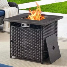 30 In. 50000 BTU Rectangular Gray Rattan Propane Outdoor Fire Pit Table with Lav