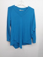 Soft Surroundings Sweater Womens Small Teal Blue V Neck Assymetrical Hem Cape