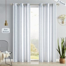 Farmhouse Linen Blue Striped on White Curtains 90 inch Long for Living Room B...