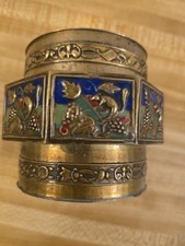 Vtg Antique Brass & Enamel Ornate Chinese Tea Caddy Box w/ Lid 3.5" Tall