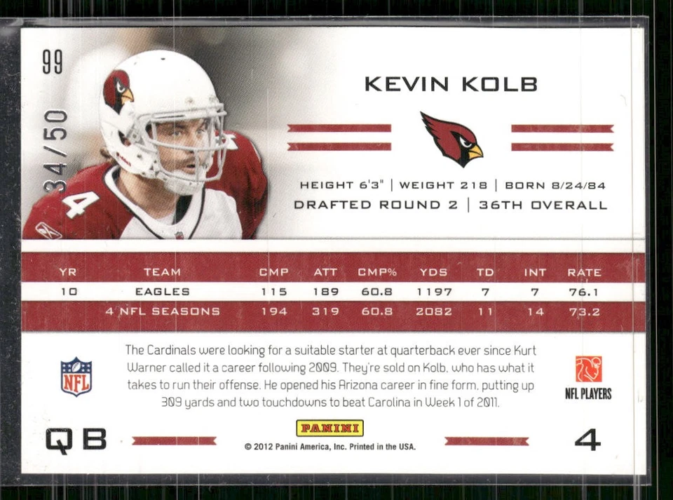2011 Panini Totally Certified #99 Kevin Kolb Blue #/50 - Image 2 of 2