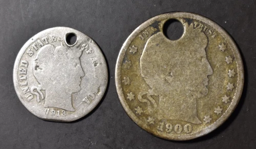 1900 Barber Quarter and 1913 Barber Dime Holed Melt Silver .900 Free Shipping