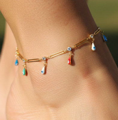 Elegant Gold Plated Multicolor Enamel Evil Eye Anklet Handmade Boho Designer