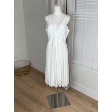 Dress The Population Womens White V-Neck Pleated Lace Trim Midi Dress Large NEW