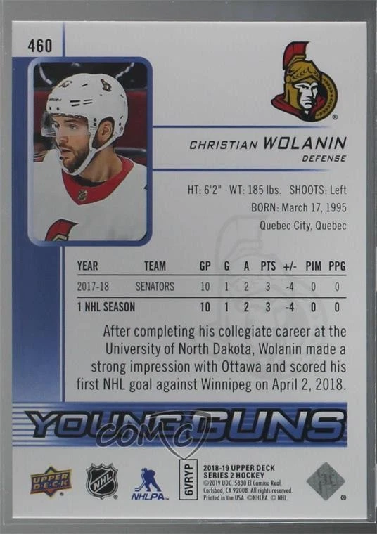 2018-19 Upper Deck Young Guns Speckled Rainbow Foil Christian Wolanin Rookie RC - Image 2 of 2