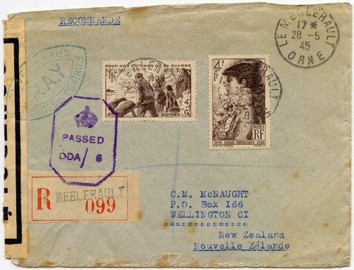 FRANCE to NEW ZEALAND 1945 WW2 CENSORED REGISTERED PRISONER of WAR FUND FRANKING - Picture 2 of 3
