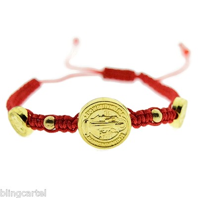 Saint Benedict Adjustable Cord Bracelet - Red & Silver Tone Medal, One Size Fits Most (8")
