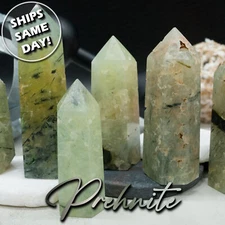 Prehnite Epidote Crystal Point Tower Black Tourmaline Inclusions Green Gemstone