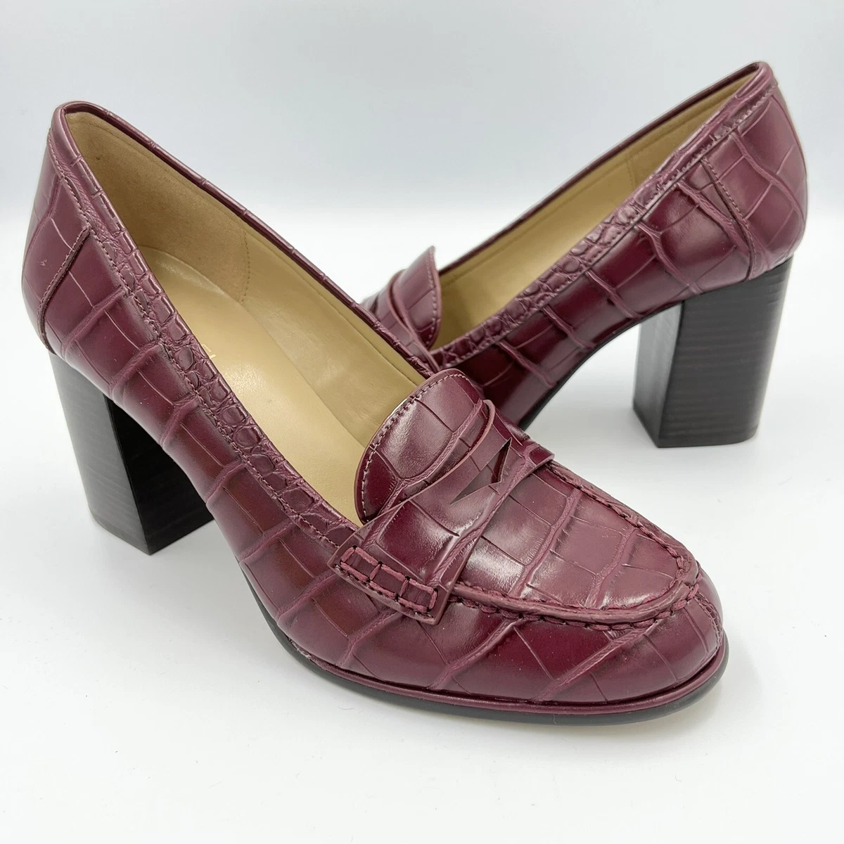 NEW Michael Kors Buchanan Croc Leather Pumps in Dark Cherry Size