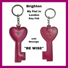 Brighton My Flat In London "BE WISE" PINK LEATHER KEY FOB KEYCHAIN KEY RING NWT