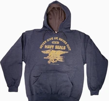 Men' Sweat Shirt -NAVY SEALS- "Never Give Up Never Quit- Heather Blue-NWT