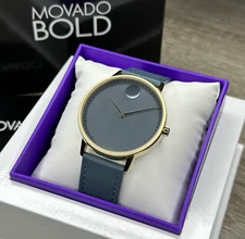 NEW✅SWISS✅ Movado FACE Gray Dial Teal Blue Leather 41mm Gold Men's Watch 3640124