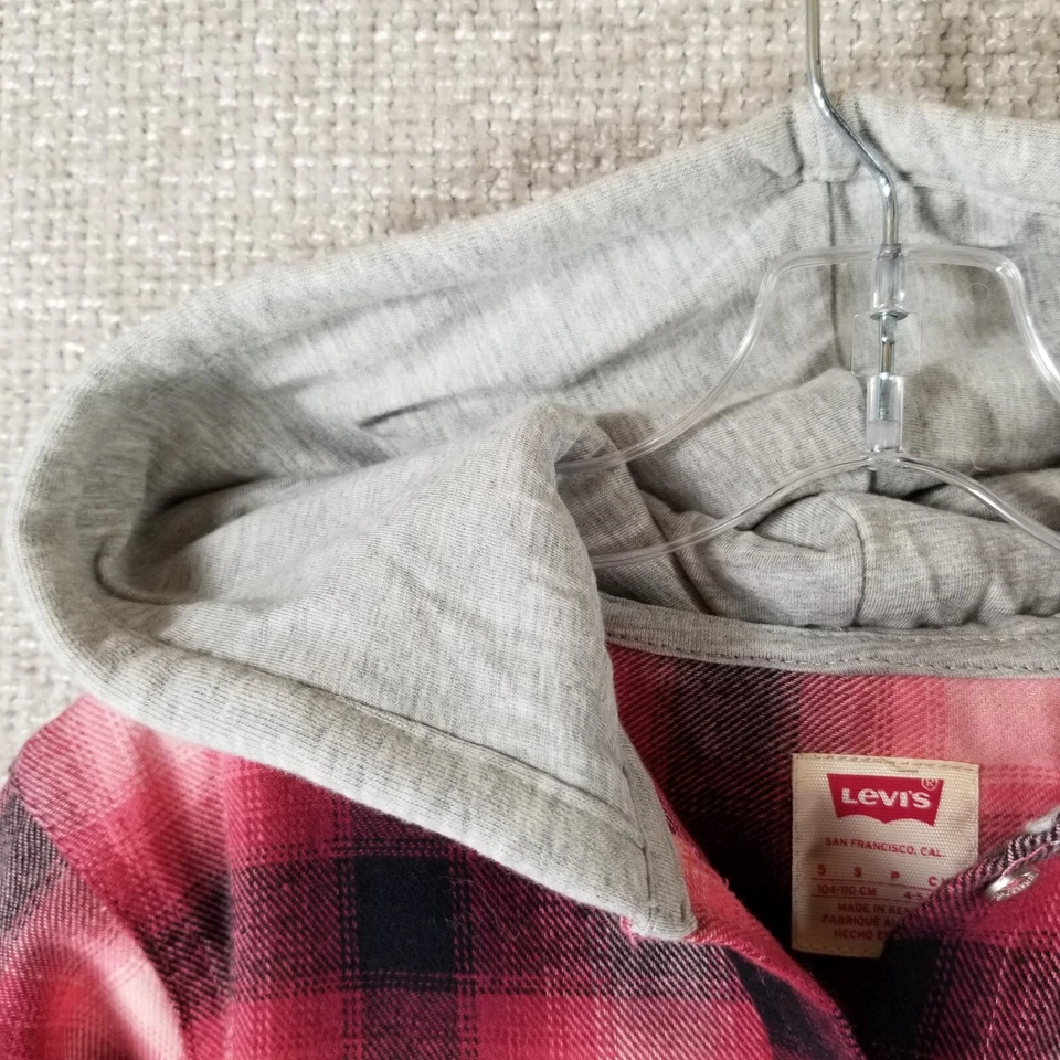 Levi’s Girls Flannel Shirt Hooded Button Up Pink Plaid Size 5 Small NEW - Image 4 of 4
