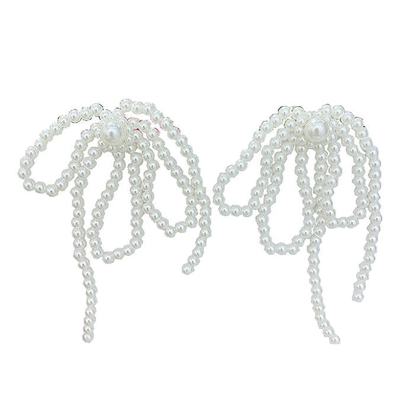 Bowknot Pearls Ear Pendant for Women Beaded Bows Dangle Earrings Wedding Jewelry