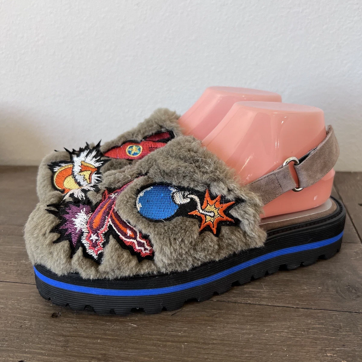 MSGM Green Faux-Fur Heeled Sandals