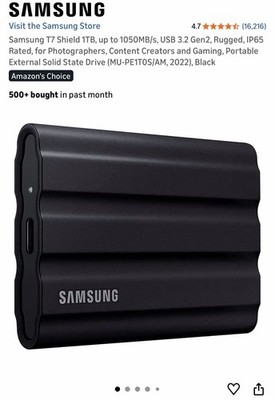 T7 Shield 1TB, up to 1050MB/s, USB 3.2 Gen2, Rugged, IP65 Rated, for Photographe