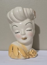 Vtg Lady Head Vase Glamorous Girls Betty Grable Flower Yellow Dress 6.5" FLAW