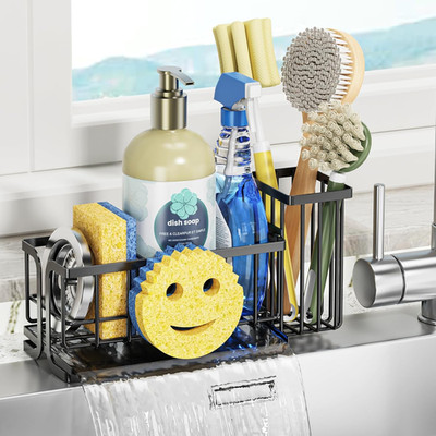 Sink Caddy Sponge Holder, Smiley Face Sponge Rack with High Brush Holder,Rustpro