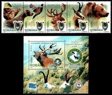Romania 2004, Mi#5816-20 + Bl 339, Sc#4632-33, UPU, hunting, fauna, bear, MNH!