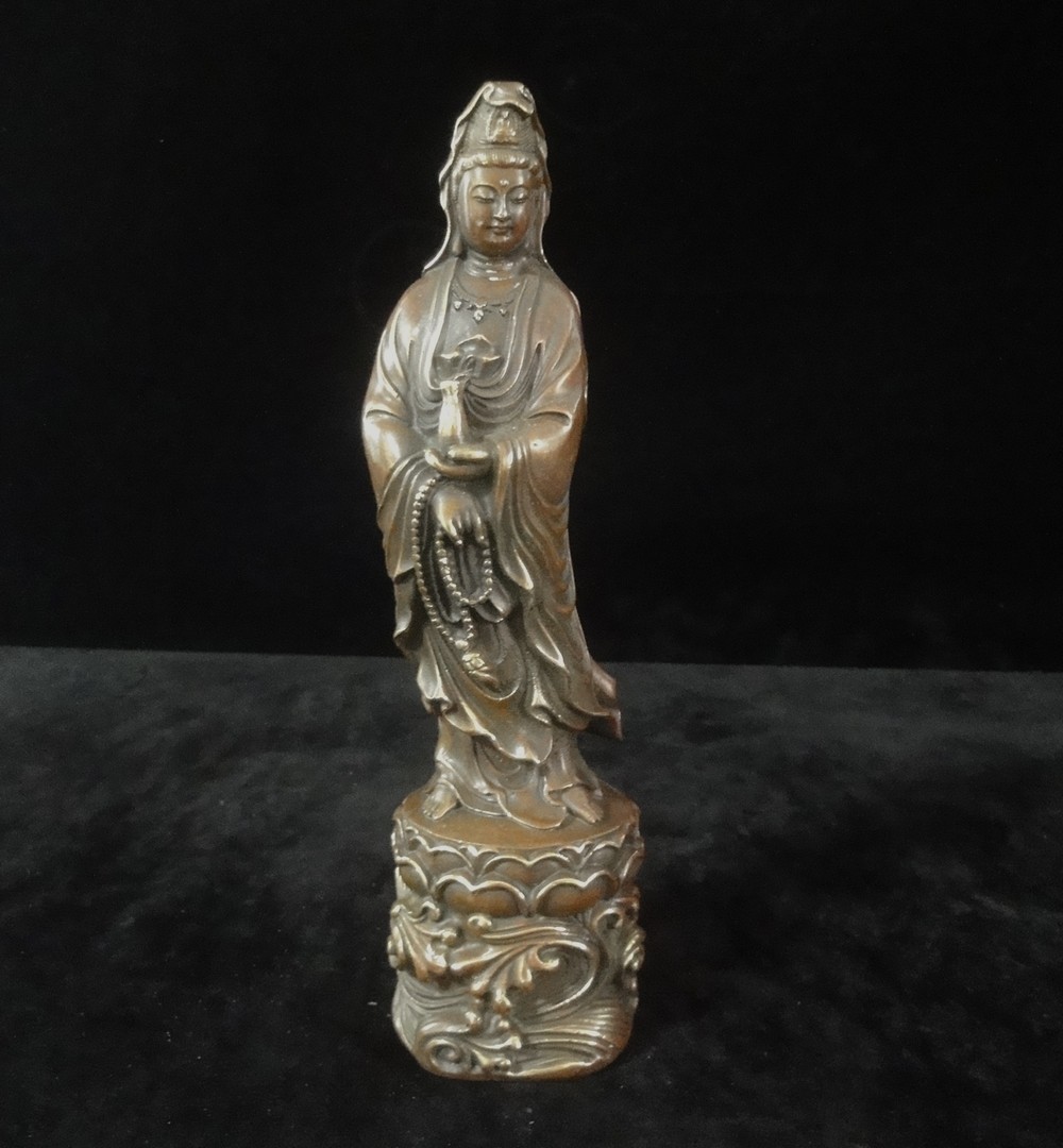 Antique Chinese Bronze Guanyin Buddha Statue Holding Vase Qianlong Era