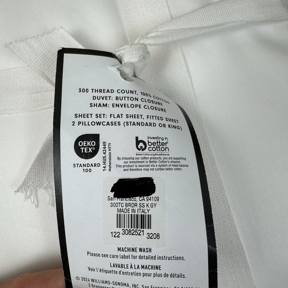 Juego de sábanas de satén Williams Sonoma Home Chambers Italian Border 300TC gris rey OB Foto 3 de 4