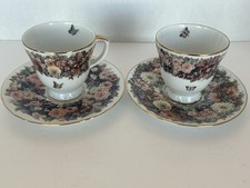 Bradford Exhange Circle of Romance Set 2 Cups Saucers Floral Greeting Lena Liu