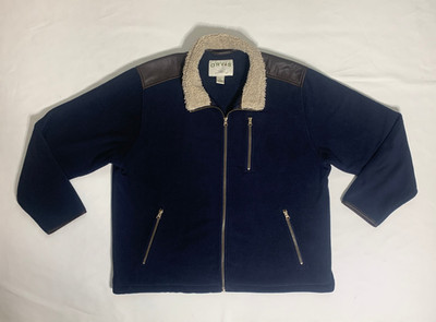 Orvis Fleece Pullover Sherpa Lined Mock Neck Faux Leather Trim Navy Men's XL