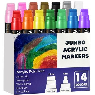 14 Color Jumbo Acrylic Paint Markers - 15mm Felt Tip Permanent Ink for DIY Craft