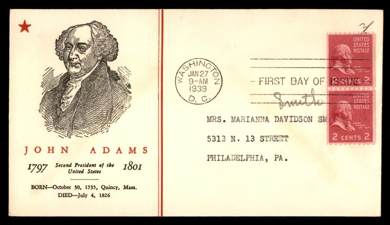 Mayfairstamps US FDC 1939 Washington DC pair John Adams First Day Cover cca_1746