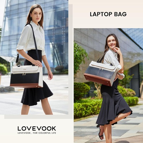 LOVEVOOK Laptop Tote Bag for Women 15.6 Inch Leather Beige-black-brown_ - Picture 2 of 8