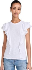  178 VERONICA BEARD Bardot Ruffle Tee White Semi Sheer Designer Pima Cotton M