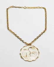 VTG Crown Trifari White Enamel Pagoda Tree Pendant Gold Tone Chain Necklace 18"