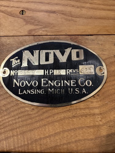 Vintage Novo Hot And Miss Engine Brass Engine Tag 1 1/2 Hp Novo Lansing Mi.