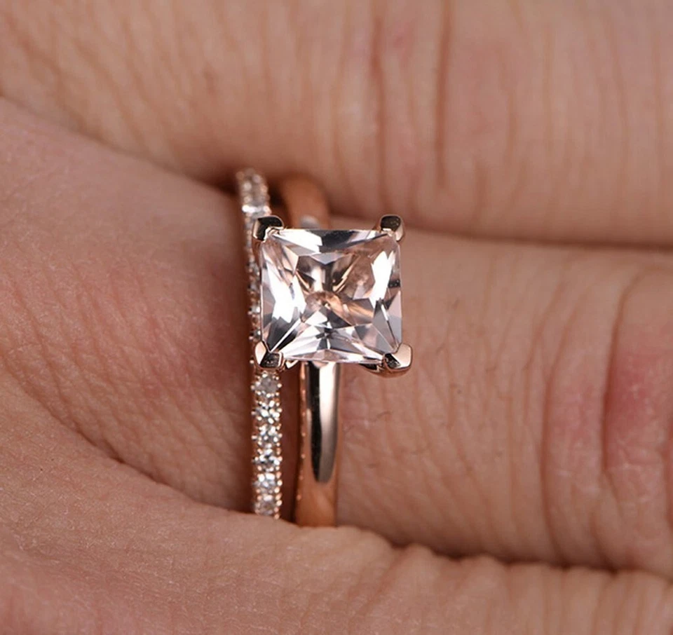 Princess Cut Simulated Peach Morganite Bridal Band Ring In 14k Rose Gold Plated - Image 4 of 4